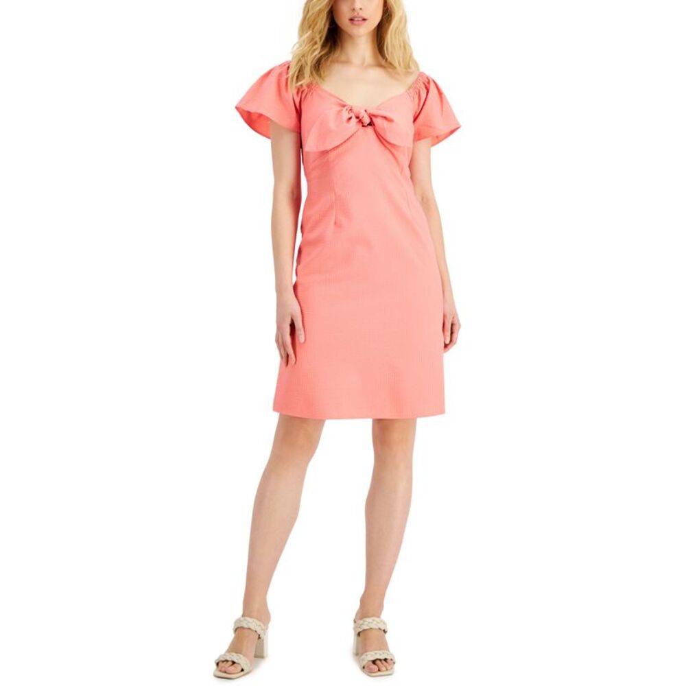 Nine West Womens Seersucker Flutter Sleeve Tie Front Dress